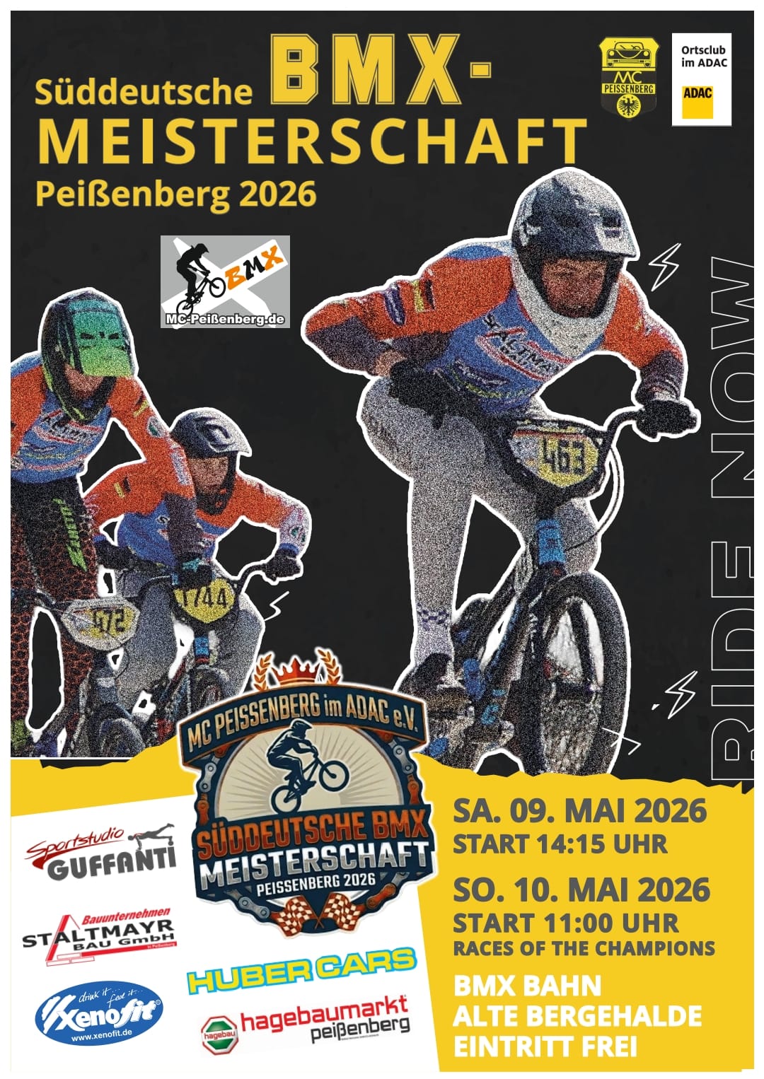 Veranstaltungsplakat mit BMX Fahrern vom MC-Peißenberg mit dem Schriftzug Süddeutsche BMX-Meisterschaft 2026